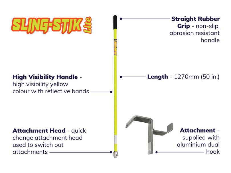 <p data-pasted="true">The Sling‑Stik Lite is a suspended load control tool used to grab onto chains, wire rope, synthetic slings, or hard points. Supplied with an aluminium dual hook, it can easily grab, pull and release suspended loads. &nbsp;</p><p><strong>Key features of the Sling‑Stik Lite:</strong></p><ul><li>Grabs chain and wire rope easily</li><li>Lightweight with heavy-duty construction</li><li>Supplied with an aluminium dual hook attachment</li></ul><p><strong>Please note:</strong> Bullivants only supplies the dual hook attachment head for the Sling-Stik.</p>