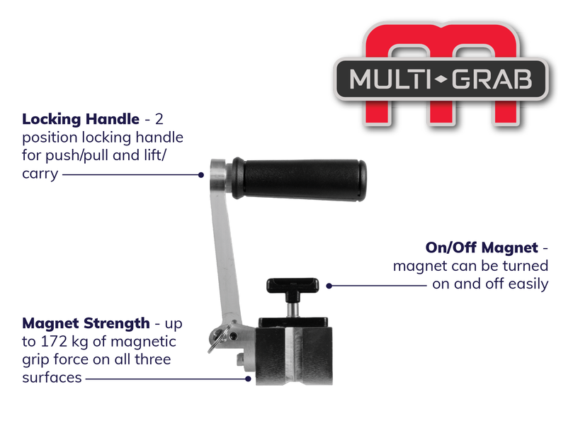 <p data-pasted="true">The Multi‑Grab V is a magnetic hand safety tool with a unique grip that makes it easy to move heavy and odd-shaped ferrous objects. Its compact design allows use in confined spaces while maintaining a strong magnetic holding force.</p><p><strong>Key features of the Multi‑Grab V:</strong></p><ul><li>V-shaped magnetic head for improved contact</li><li>Supports holding and positioning tasks</li><li>Suitable for flat and round steel materials</li><li>Strong magnetic grip for controlled handling</li><li>Up to 172 kg magnetic grip force</li></ul><p><strong>Please note:</strong> While this magnet can hold or lift 172 kg, operators should not lift more than 20 kg. Always follow the lifting limitations provided by your employer.</p>