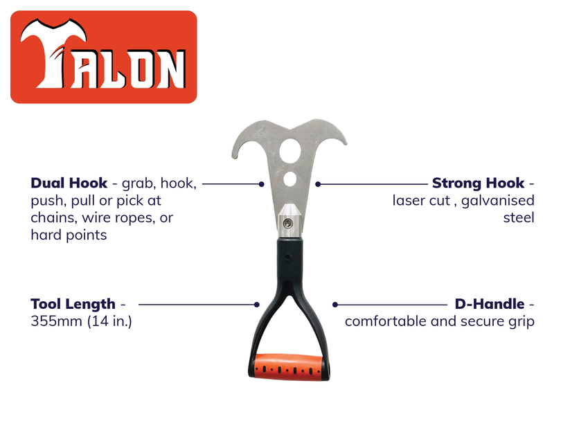 <p data-pasted="true">The Talon Hand Safety Tool is a compact option for guiding and hooking materials. Workers can use the dual hook design to grab, hook, push, pull, or pick at chains, wire rope, or hard points with one hand. The compact and lightweight design suits confined work areas such as precast concrete and drilling operations.</p><p><strong>Key features of the Talon Hand Safety Tool:</strong></p><ul><li>Dual hook design for grab, hook, push, and pull tasks</li><li>Controls chain, wire rope, and hard points</li><li>Lightweight and compact 355mm (14 in.) design</li><li>Laser cut and galvanised steel hooks</li><li>Comfortable and secure D handle grip</li></ul>