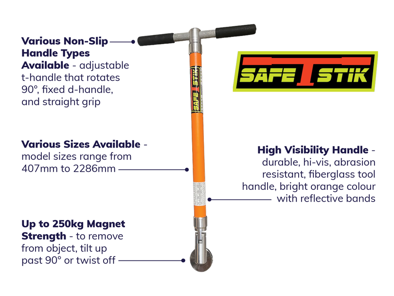 <p data-pasted="true">The Safe‑T‑Stik is a magnetic tool for controlling ferrous materials, especially heavy or awkward loads. Longer versions retrieve items from heights or water.</p><p><strong>Key features of the Safe‑T‑Stik:</strong></p><ul><li>Hands-free control of ferrous materials</li><li>Magnetic end for guiding and retrieval</li><li>Available in various lengths</li><li>Helps maintain distance from suspended loads</li></ul>