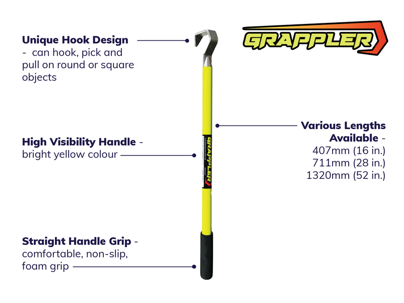 <p data-pasted="true">The Grappler is a no-touch hook tool designed to grab, hook, push, pull, and guide chain, wire rope, pipe, and components with one hand. Its unique hook shape can grab round or square materials, while the flat front face provides controlled pushing of objects.&nbsp;</p><p><strong>Key features of the Grappler:</strong></p><ul><li>Grabs and controls chains, wire ropes, pipes and other round or square objects</li><li>Rigid laser-cut aluminium hook design</li><li>Lightweight with durable construction</li><li>Comfortable nonslip foam grip</li></ul>