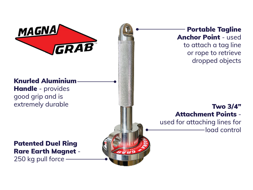 <p data-pasted="true">The Magna-Grab is a magnetic tool used to control ferrous loads without direct hand contact. It helps guide suspended, heavy, or unstable loads and retrieve dropped steel items using a tag line.</p><p><strong>Key features of the Magna‑Grab:</strong></p><ul><li>Patented dual‑ring rare earth magnet with up to 250 kg magnetic pull force</li><li>Tag line for retrieval of dropped items</li></ul><p><strong>Please note:</strong> While this magnet can hold or lift 250 kg, operators should not lift more than 20 kg. Always follow the lifting limitations provided by your employer.</p>